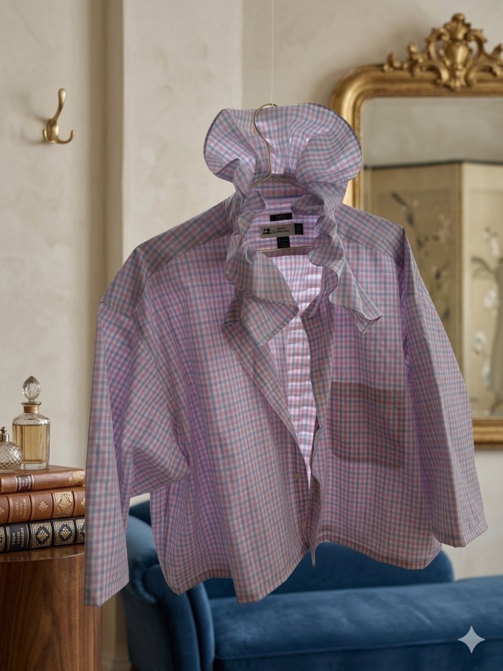 Upcycled Ruffle-Collar Button-Down Shirt Jacket in Pink Check and blue
